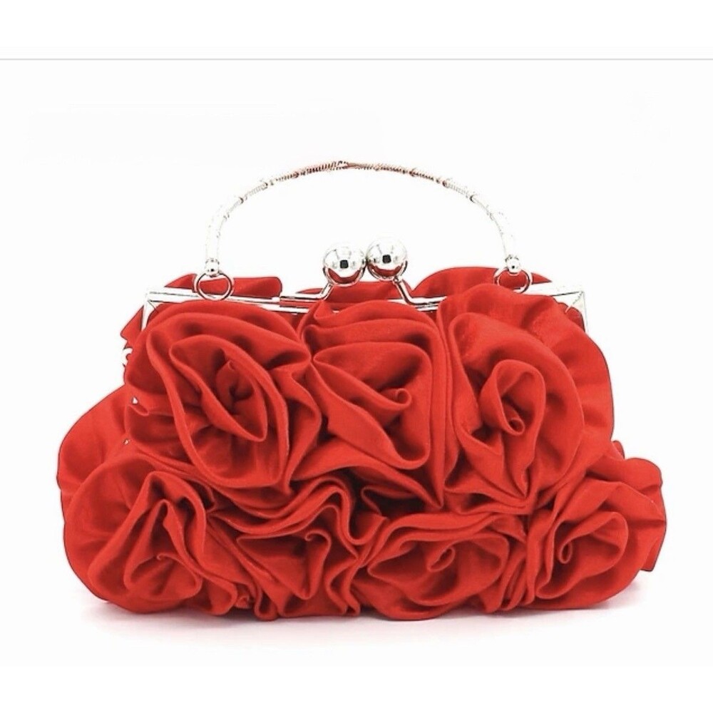 Red 3D Rose Flower Satin Evening Clutch Bag Bridal Wedding Party Purse